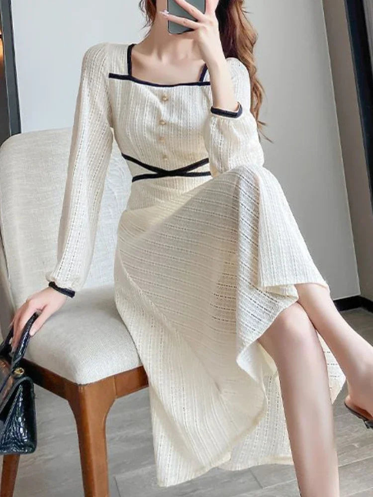 xsrrr DRESS TO IMPRESS 2024 Spring Elegant Korean Midi Dress Women Fashion Slim Long Sleeve Fairy Dress Female Casual Sweet Office Lady Party Dress Y2k