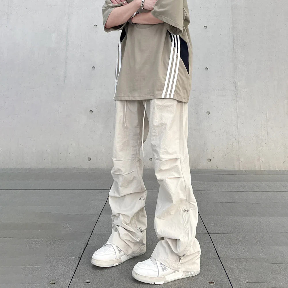 Baggy Cargo Pants Men Y2k Streetwear Bright White Straight-leg Autumn Elastic Waist Wide Leg Casual Oversized Stacked Trousers