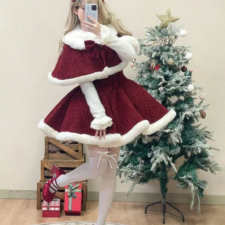 xsrrr Christmas Outfits Sweet Lolita Style Dress Sets Women Elegant Bow Plush Shawl Short Jackets Mini Skirts Suit Kawaii Christmas New Year 3 Piece Set