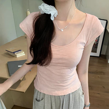 xsrrr Solid Basic Round Collar Short Sleeve T Shirts Womens 2024 New Summer Cozy Slub Cotton Slim Tee Shirt Female Casual Short Tops