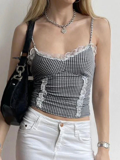 xsrrr Sweet Patchwork Lace Trim Camis Top Sexy Slim Slash Neck Sleeveless Tank Tops Women 2024 Summer Fashion Streetwear Lady