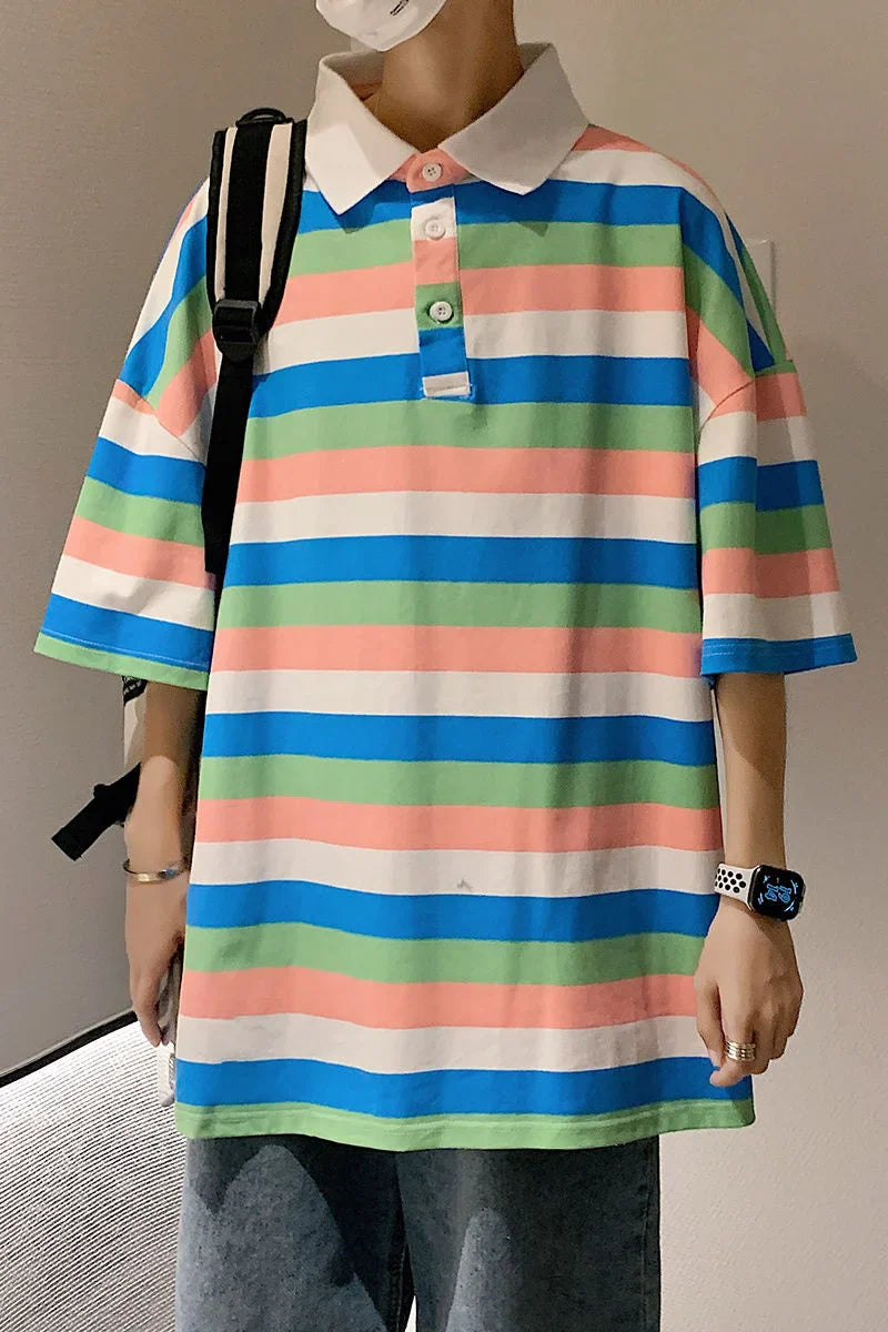 Striped Print POLO Shirts Fashion Summer Men Clothes Thin Classic Lapel Tops Cotton Oversize Loose Short Sleeve T-Shirt S-3XL