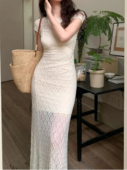 Hnewly DRESS TO IMPRESS Summer 2000s Vintage Y2k Bodycon Dresses Korean Beige 2 Piece Dress Sets Frence Retro Elegant Original Design Lace Flowers Dress