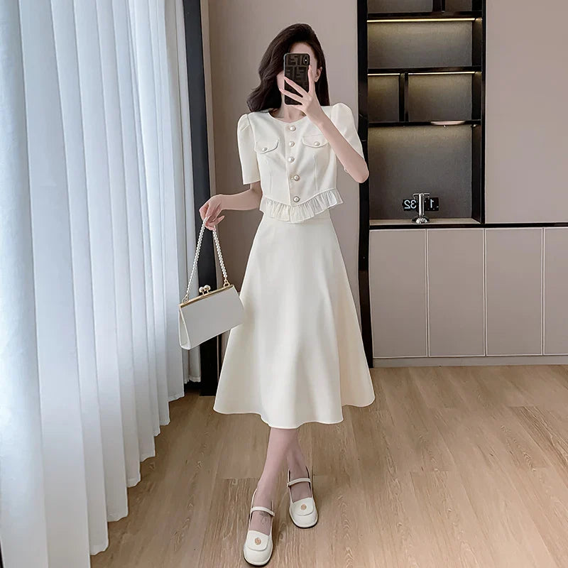 xsrrr French Vintage Solid Womens Midi Dress Short Sleeve O-neck Elegant Slim Summer Fashion Office Ladies Two Piece Set Clothing