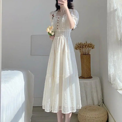 xsrrr Vintage Lace Fairy Midi Dress Women Summer French Floral Elegant Party Princess Dress Ladies Party One-piece Dress Korean