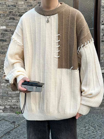 Fashion Autumn Winter Men's Oversize Loose Casual Jumpers Male Round Neck Sweater Tops Men Patchwork Knitted Tops S846