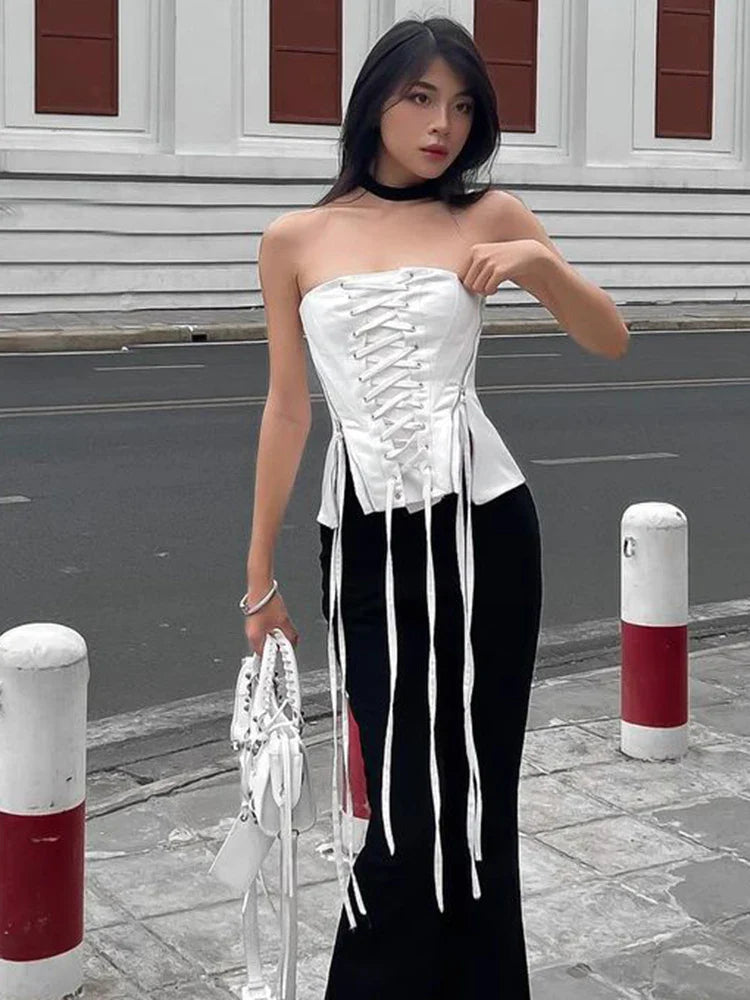 xsrrr Streetwear Lace -up Bandage Corset Bodycone Off Shoulder Chic Aesthetic Y2K Crop Top Women Korean Summer Bustiers Camis