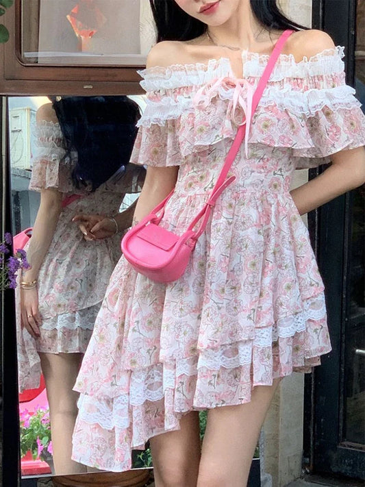 xsrrr Summer Sweet Floral Lace Irregular Dress Women Beach Style Elegant Y2k Dress Casual One Piece Dress Korean Fashion Outwear