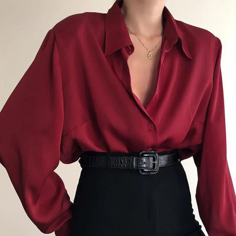 xsrrr Women Button Blouses Turn Down Collar Shirts Office Lady Long Sleeve Casual Blouse Loose OL Shirt Baggy Tops Red/Wine Red /Black