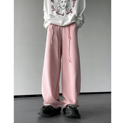 Men's Drawstring Design Waist Wide Leg Sports Casual Pants Oversized Pink Color Sweatpants Elastic Waist Loose Trousers