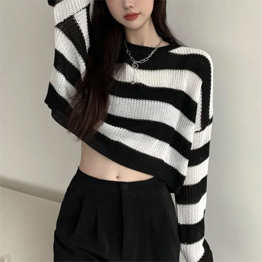 xsrrr New Korean Style Striped Cropped Sweater Women Vintage Casual Oversize Knit Jumper Female Autumn Long Sleeve O-neck Pullover Top