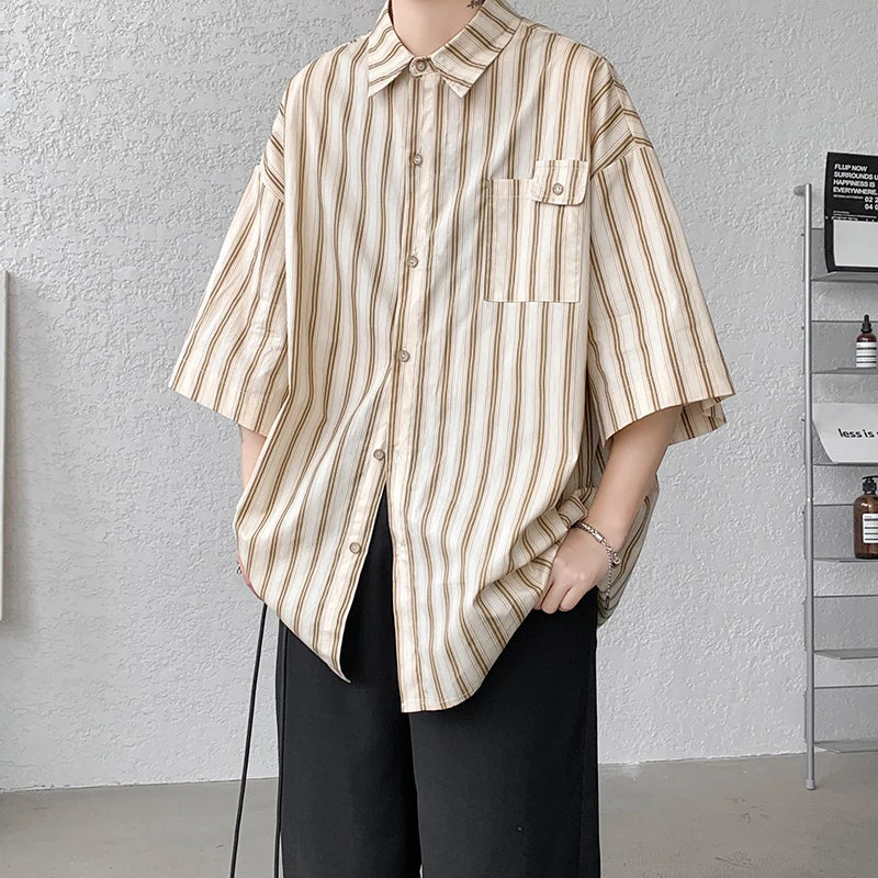 Half Sleeve Shirts Men Casual Stripe Shirts Streetwear Oversize Blouses Single Breasted Male Clothing Harajuku Summer