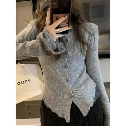 xsrrr Y2k Grey Vintage Women Kint Sweater Harajuku Long Sleeve Cardigan Irregular Korean Fashion Slim Autumn Jerseys Casual