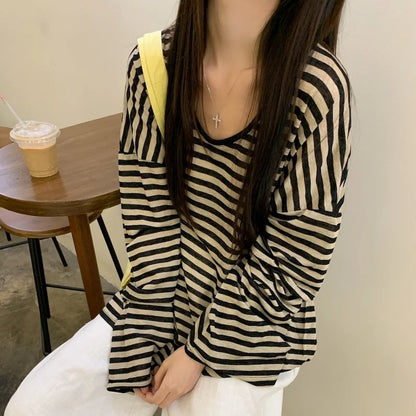 xsrrr FALL OUTFIT Harajuku Y2k Top Black Apricot Striped T-Shirt 2024 Autumn Baggy Casual Long-Sleeved Top Woman Clothes Grunge Korean Fashion