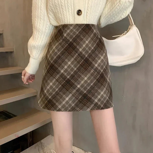 xsrrr Skirts Women Woolen Tender Fashion High Waist Retro Plaid Elegant A-line Casual Ladies Minimalist All-match Autumn Korean Style