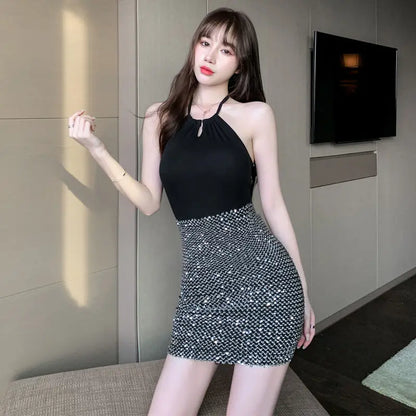 xsrrr Women's Stylish Sexy Short Skirts Sequin Hip Elasticity High Waist Korean Style Fashion Wrap Tight Mini Skirt for Women Elegant