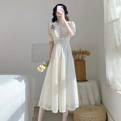 xsrrr Vintage Lace Fairy Midi Dress Women Summer French Floral Elegant Party Princess Dress Ladies Party One-piece Dress Korean