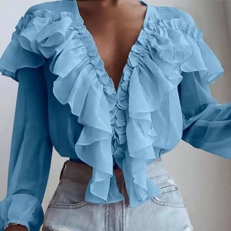 xsrrr Spring Autumn Elegant Ruffles Women Shirts Top Casual V Neck Long Sleeve Loose Female Solid Chiffon Blouses For Women Blusa