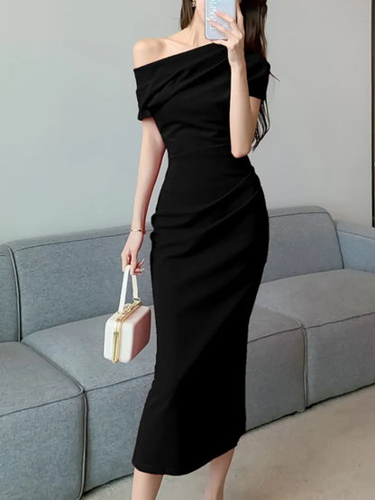 Hnewly DRESS TO IMPRESS Elegant Off Shoulder Evening Party Dresses Women Summer Fashion Slim One Piece Solid Vestidos Korean Graduation Robe Clothing