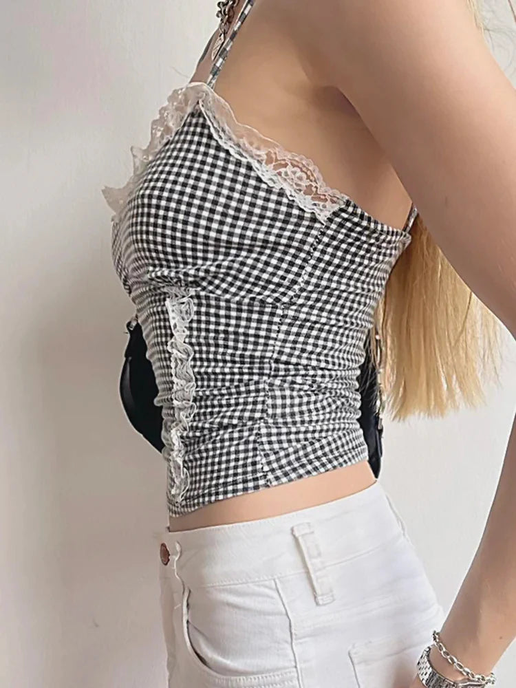 xsrrr Sweet Patchwork Lace Trim Camis Top Sexy Slim Slash Neck Sleeveless Tank Tops Women 2024 Summer Fashion Streetwear Lady