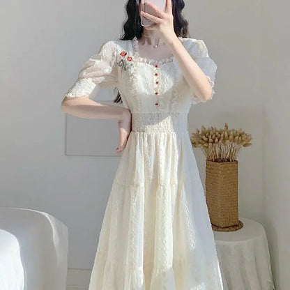 xsrrr Vintage Lace Fairy Midi Dress Women Summer French Floral Elegant Party Princess Dress Ladies Party One-piece Dress Korean