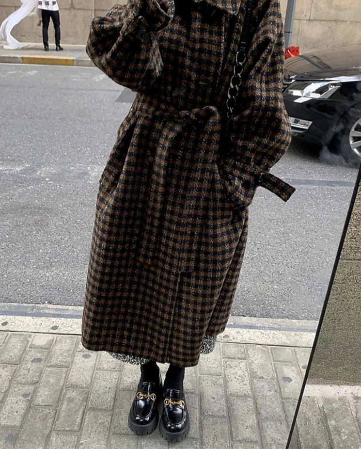 xsrrr Autumn Winter Long Loose Casual Soft Plaid Woolen Coat Women Double Breasted Stylish Chic Luxury Designer Clothes