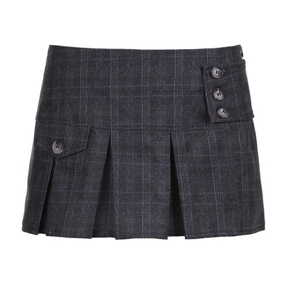 xsrrr Vintage Plaid Buttons Irregular Hem Pleated Mini Skirt Women Summer Coquette Aesthetic Y2K Outfits Hot Girl Short Skirt