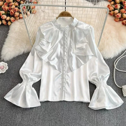 xsrrr Vintage Solid Blouses Women Elegant Acetate Satin Stand Collar Flare Sleeve Design New Chic Sweet Loose Ruffles Female Mujer