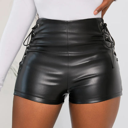 xsrrr Sexy Black PU Fashion Casual Summer Shorts Women Faux Leather Lace Up Goth Club High Waist Shorts Y2K  Slim Short Pants Ecoparty