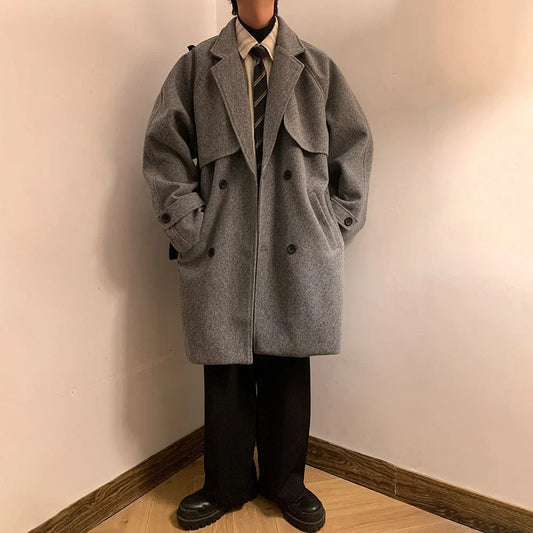 Mens Gray German Woolen Coat Autumn Winter Mid-Length Thickened High-End Retro Elegant Handsome Comfortable Coat Oversize