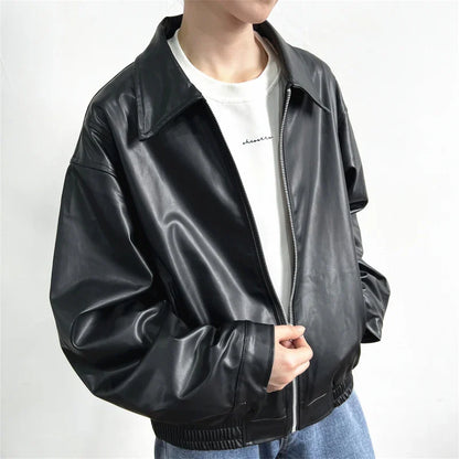 Short Leather Jacket Men Oversized Zipper Motorcycle Jackets Men Streetwear Hip-hop Loose Bomber Jacket Mens Korean Coat M-2XL