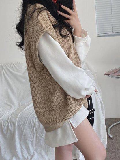 xsrrr Autumn Winter Vest Women Korean Style Knitted Sweaters Female Oversized Preppy Jumper Ladies Casual Loose Long Sleeve Pullovers