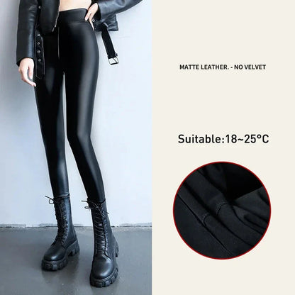 xsrrr Autumn Winter Black Fleece Matte Leather PU Leggings Women's High Waist Elasticity Lift Buttock Trousers Skinny Legging Pants