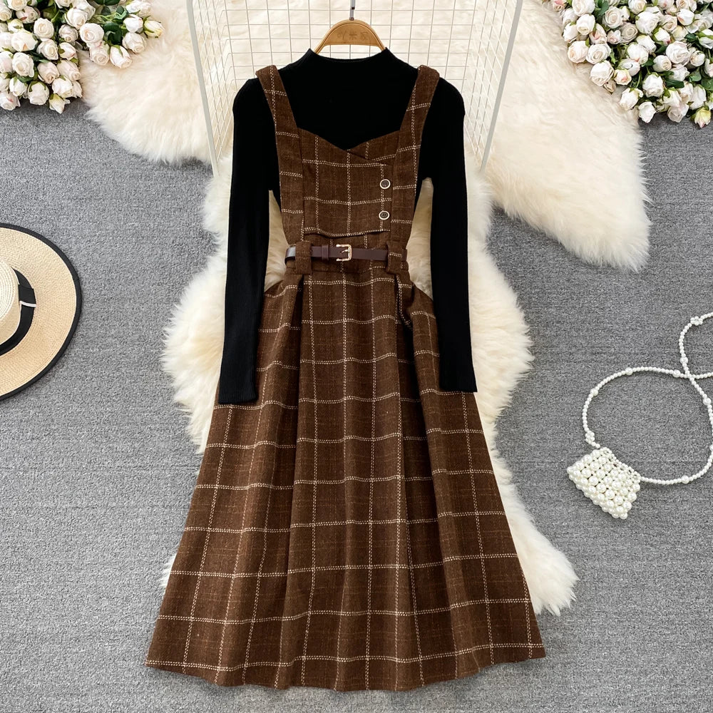 xsrrr DRESS TO IMPRESS Vintage Korean Two Piece Set Dress Women Autumn Winter Plaid Woolen Spaghetti Strap Dress With Belt Long Sundress Vestidos