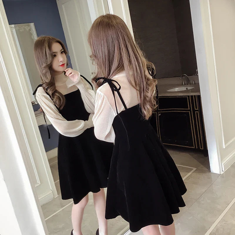 xsrrr Spring New Elegant Two Piece Dress for Women Women Winter Korean A-Line O-Neck Tops and Black Sundress Streetwear Dress Vestidos