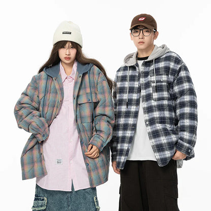 Winter Jacket Men Warm Fashion Thickened Plaid Jacket Men Oversized Streetwear Korean Loose Short Coa Mens Couple Thick Hooded Jackets