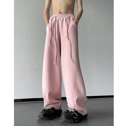 Men's Drawstring Design Waist Wide Leg Sports Casual Pants Oversized Pink Color Sweatpants Elastic Waist Loose Trousers