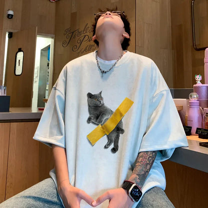 Summer Cartoon Cat Print T-shirt Men Fashion Retro Suede Tshirts Streetwear Hip Hop Loose Round Neck Oversized T Shirt Mens Tops