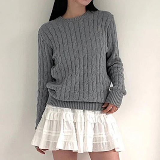 xsrrr BACK TO SCHOOL OUTFIT Harajuku Gray Casual Sweater Y2K Knitted Long Sleeve Autumn Sweaters for Women Vintage Crew Neck Basic Jumper Korean