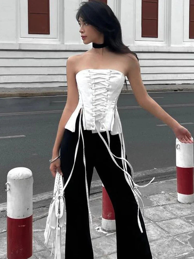 xsrrr Streetwear Lace -up Bandage Corset Bodycone Off Shoulder Chic Aesthetic Y2K Crop Top Women Korean Summer Bustiers Camis