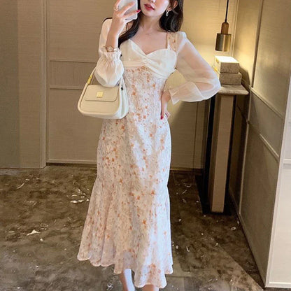 xsrrr Vintage Floral Trumpet Dress Women French Sweet Long Sleeve Fairy Midi Dress Female Autumn Evening Elegant Princess Dresses