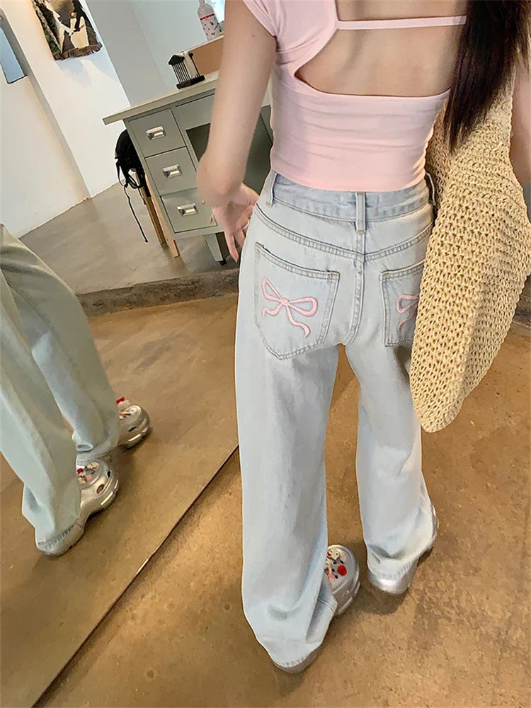 xsrrr Women's Pink Bow Embroidered Light Blue Jeans Young Girl Street Straight Bottoms Vintage Casual Trousers Female Wide Leg Pants