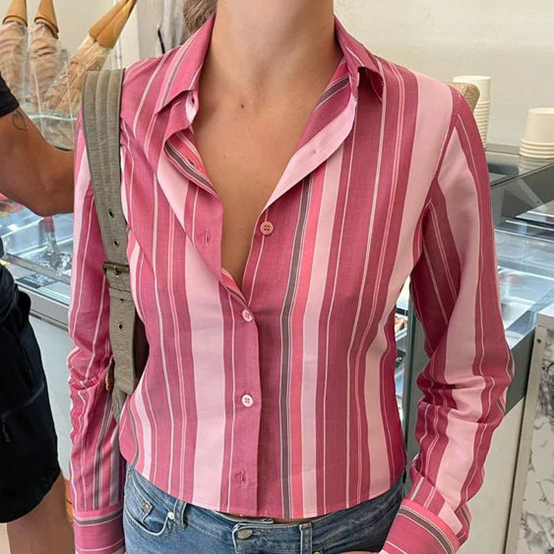 xsrrr Vintage Striped Print Blouse Pink Button Up Full Sleeve Crop Top for Women y2k Sweet Tees Autumn Fashion Streetwear Shirt