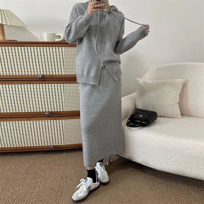 xsrrr Korean Lazy Style Women Knitted Sweater Casual Set Autumn Winter Hooded Zipper Cardigan Tops Knitwear Long Skirt Two-piece Suit