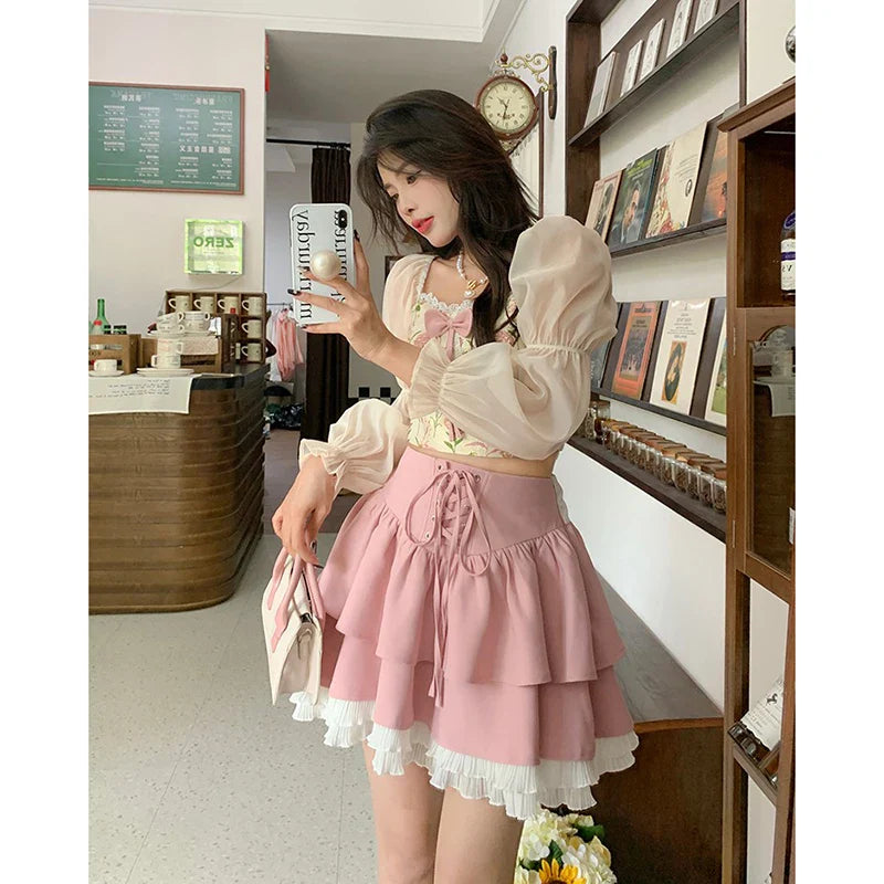 xsrrr Autumn Pink Kawaii Mini Skrts Women Lace Patchwork Korean Fashion Party Skirt Female Casual Chic Designer Bandage Skirts