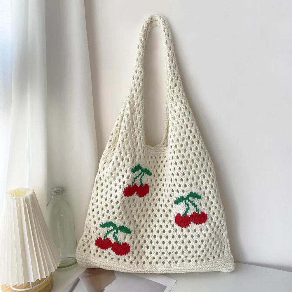 xsrrr Cute Strawberry Cherry Crochet Shoulder Bag for Women Large Shopper Bag Casual Tote Handbags Summer Beach 2024 New Women's Bag