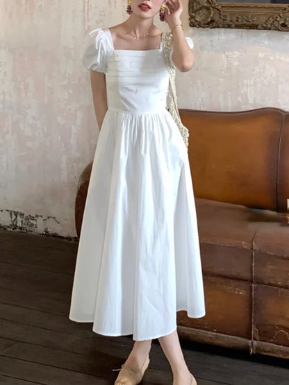 xsrrr White Sweet Elegant Fairy Dress Women Puff Sleeve Folds Design Midi Dress Female Korean One Piece Dress Party 2024 Summer Casual