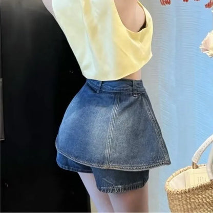 xsrrr Fake Two Pieces High Waisted Denim Shorts Skirt Women's Summer Korean Slimming Pleated Short Dresses Spicy Girl A-line Hot Pants