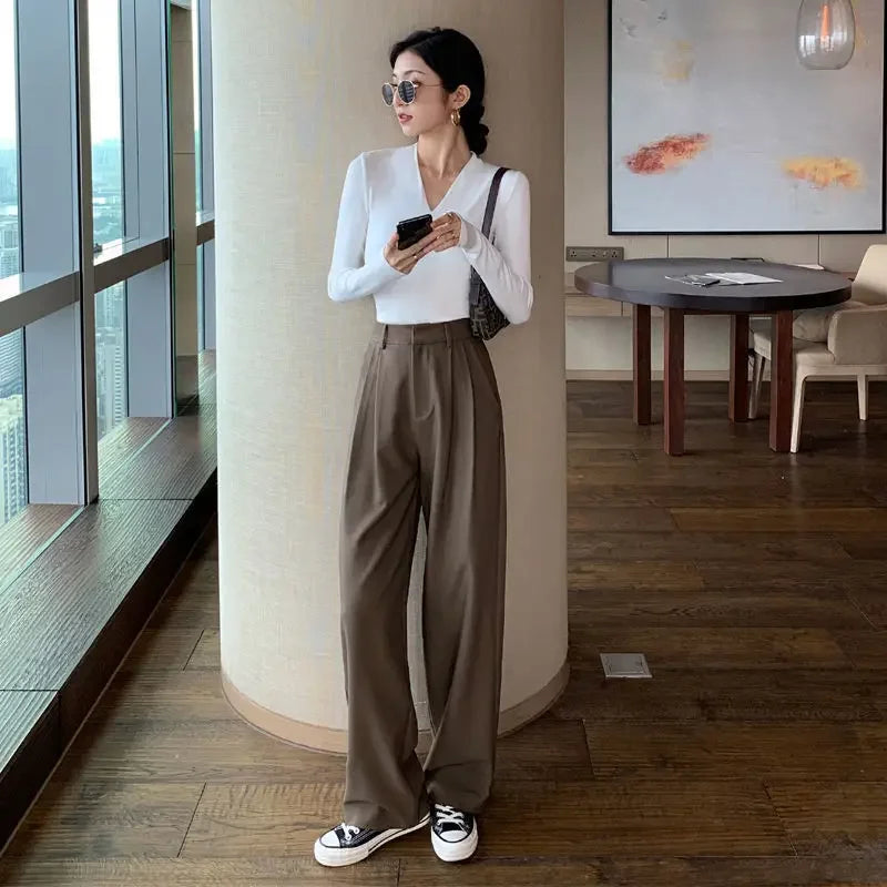 xsrrr Brown Loose Summer Women's Suit Pants Wide Leg Brown Fluid High Waist Casual Dress Pants Ice Silk Straight Female Trousers