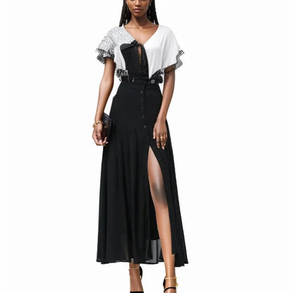 Hnewly Summer Chiffon Pleated Skirt High Waist Slim A-line Skirt Women High Quality Elegant Over-the-knee Slit Ladies Long Skirt Party